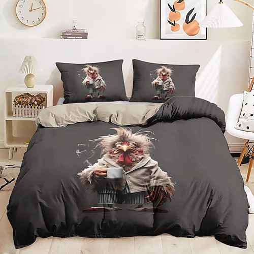 Bettbezug-Set mit lustigem Hahn-Aufdruck, 100 % Baumwolle, weicher und atmungsaktiver Stoff, inklusive Bettbezug und Kissenbezügen, hypoallergen und hautfreundlich, maschinenwaschbar, langlebig, bequem Image
