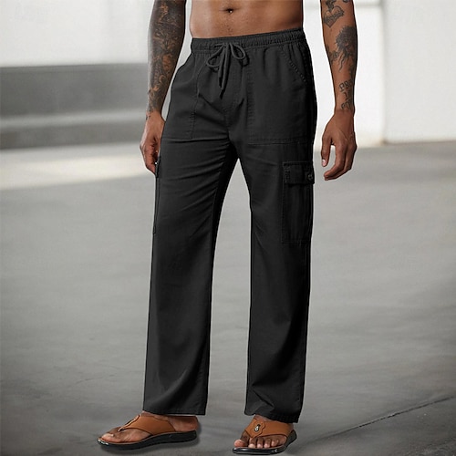 Herren Cargohose Cargohosen Cargohose Freizeithose Kordelzug Elastische Taille Multi Pocket Glatt Komfort Weich In voller Länge Outdoor Casual Täglich Modisch Strassenmode Schwarz Weiß Image