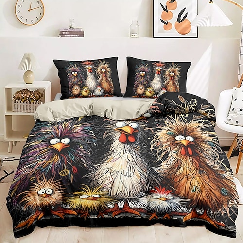 Lustiges Bettbezug-Set mit Hahn, 100 % Baumwolle, weiches und bequemes Bettwäsche-Set mit lustigem Hahn-Aufdruck, gemütlich und stilvoll, perfekt als Schlafzimmer-Dekor, pflegeleicht und maschinenwaschbar Image