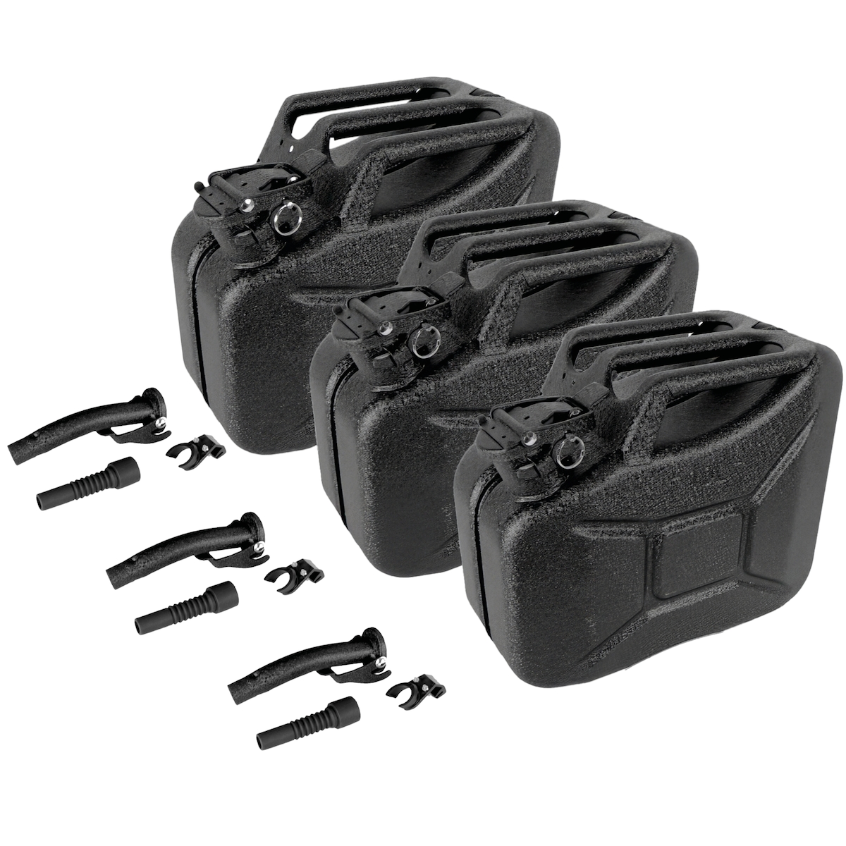 Baumarktplus 3x Benzinkanister Kraftstoffkanister Metall 10 L Hammerschlag kratzfest schwarz inkl. Ausgießer + Halter Image