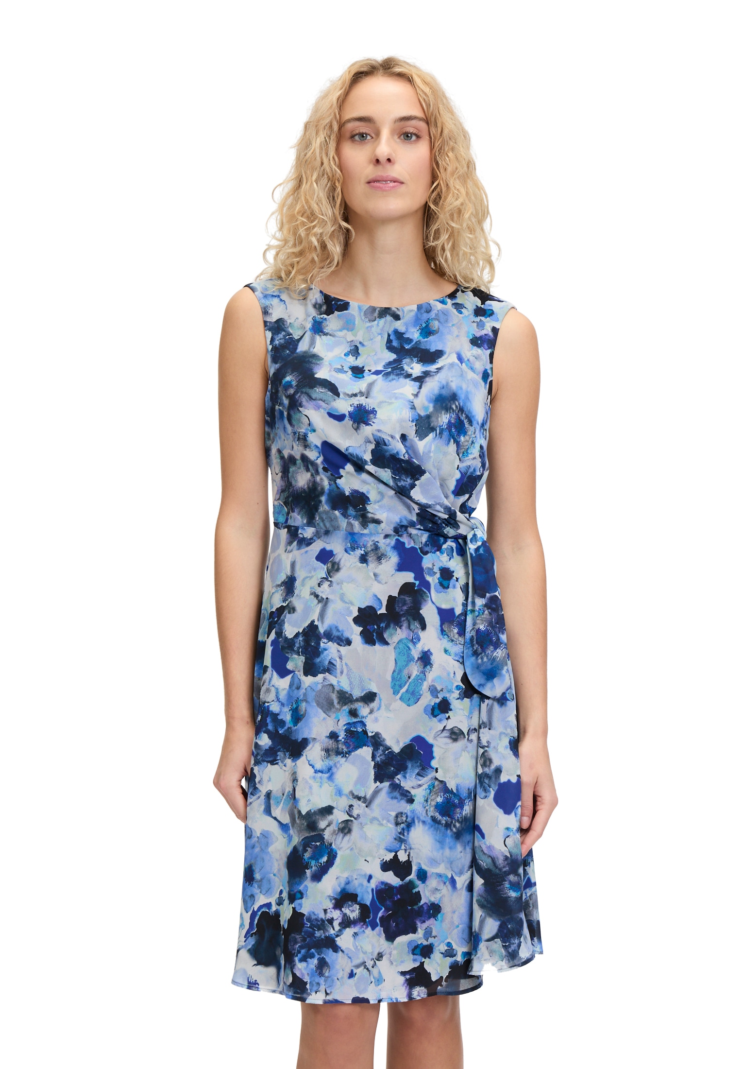 Cocktailkleid VERA MONT "Damen mit Bindegürtel", Damen, Gr. 44, Normalgrößen, blau (dunkelblau, blau), Chiffon, Obermaterial: 100% Polyester; Futter: 100% Polyester, ausgestellt kurz, U-Boot-Ausschnitt, Kleider, Druck