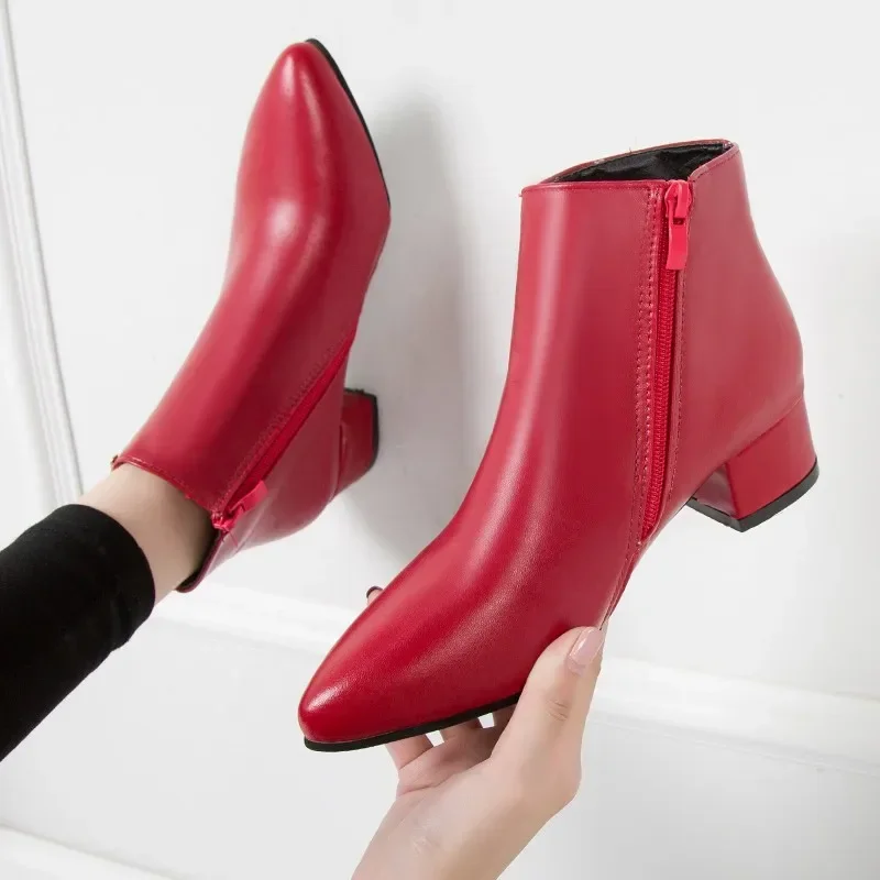 2024 New Style Fashion Women's Boots Casual Leather High Heels Spring Women's Shoes Pointed Toe Side Zipper Office High Heels 42