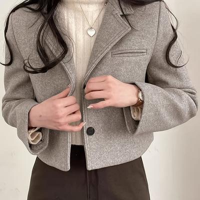TEMU Women's Elegant Short Length Polyester Blazer, Solid Color, Single Breasted, Long Sleeve, Fall/winter Collection, Woven, 100g/m² Lining Weight, No Belt, H-contour Design Image