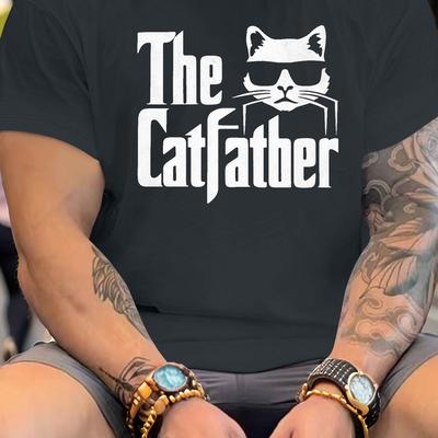 TEMU 1pc Plus Size Men's Casual T-shirt - The Catfather , Short Sleeve, Polyester Knit Fabric, Round Neck, Summer Top For Big & Tall Adults Image