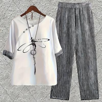 TEMU Women's Casual Spring/summer Vertical Stripe Shirt And Pants Set, 2 Pieces, Women's Clothing Image