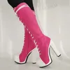 Laigzem Frauen kniehohe Stiefel Plattform runde Zehen voller Reiß verschluss quadratische Absätze Stiefel hand gefertigte Damenschuhe Frau große Größe 41 43 45 46 52