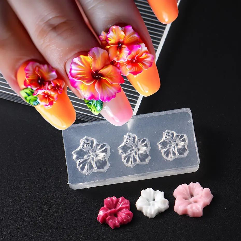 1pc Geprägte Hibiskus Blume Nagel Silikon Form 3D Sommer Frangipani Floral Schablone Form Seestern Muschel Geschnitzte Vorlage Werkzeug Image