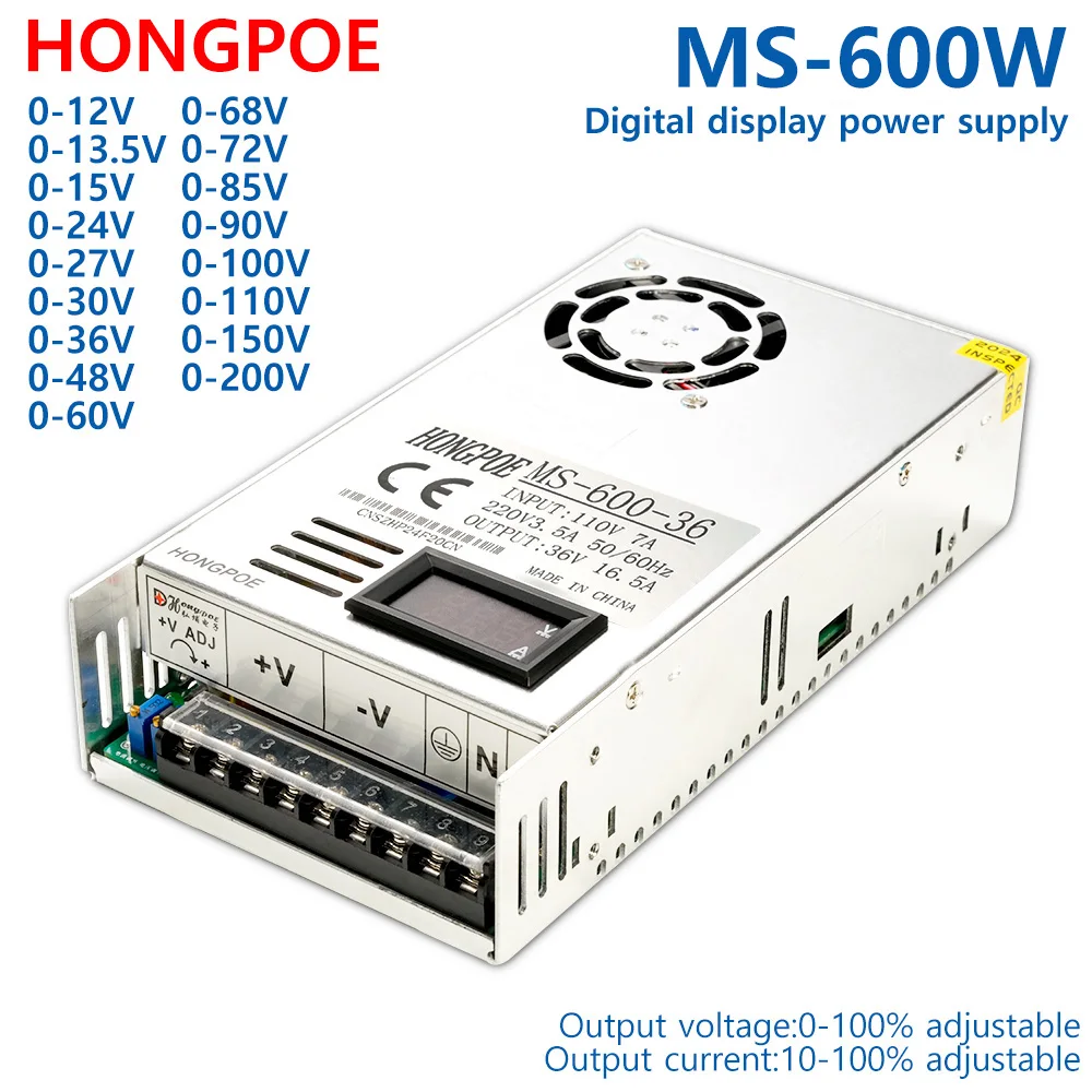 600W Schaltnetzteil 0-12V 15V 24V 30V 48V 60V 72V 85V 90V 110V 150V 220V AC/DC Einzelausgang einstellbar SMPS MS-600-12 Image