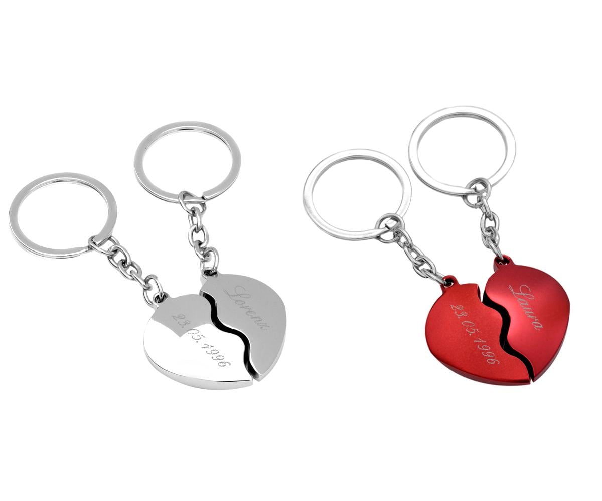 Portachiavi a forma di cuore con incisione desiderata, ciondolo per partner, idea regalo cuore diviso, cuore spezzato con incisione in metallo rosso a