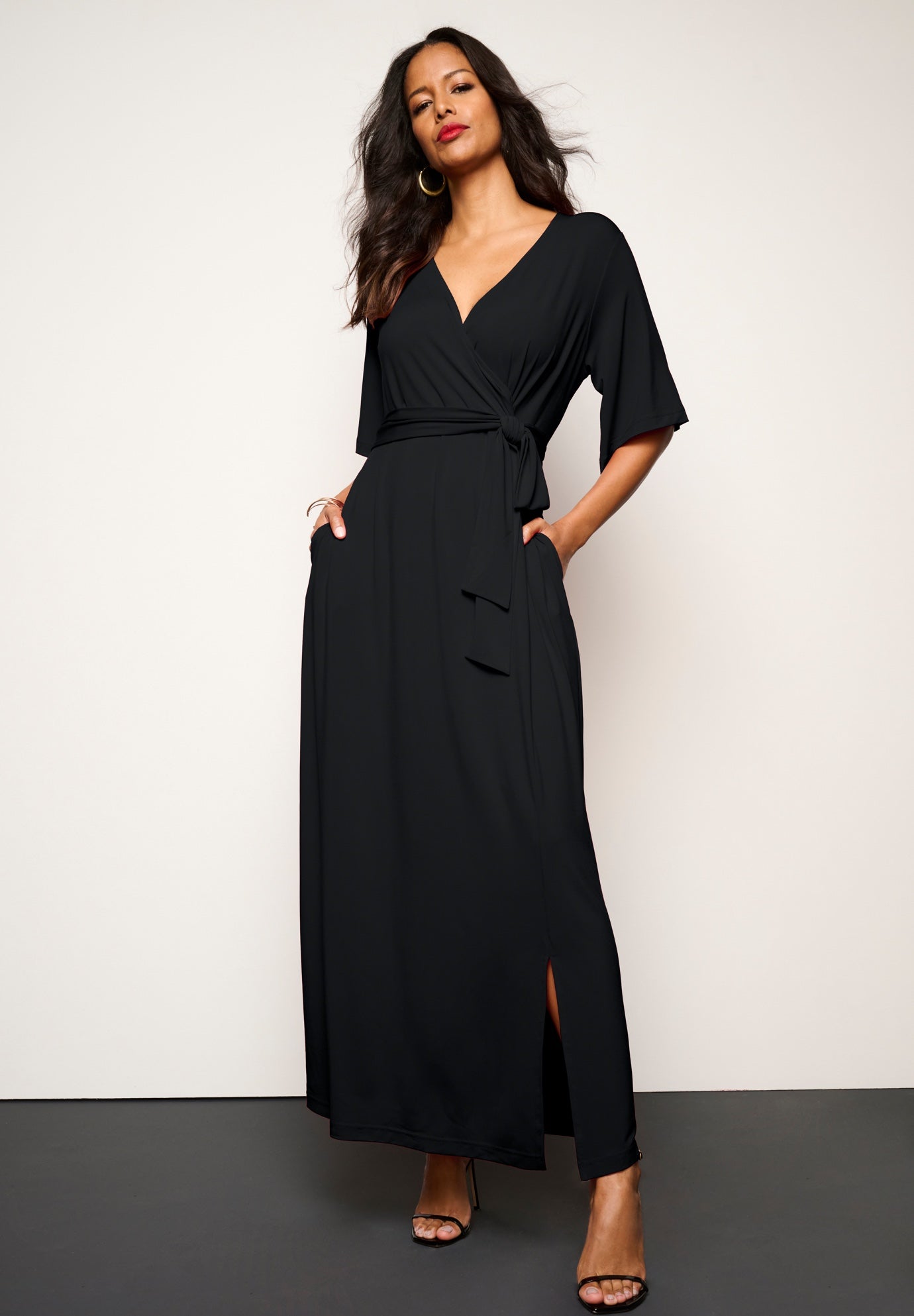 Plus Size Women's Plus Size Flutter Sleeve Wrap Maxi Dress by Roaman's in Black (Size 34/36)