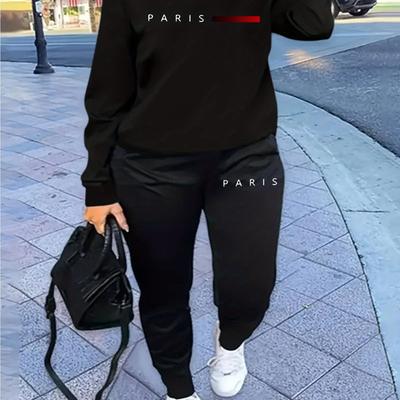 TEMU Women's Casual Tracksuit Set, Fashionable Paris Letter Print Long Sleeve Sweatshirt & Joggers Pants Outfit Image