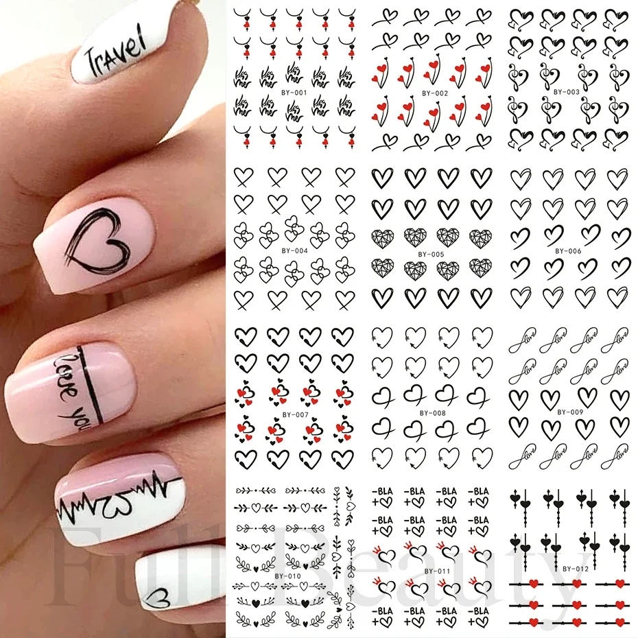 12 stücke Schwarz Weiß Herz Brief Nagel Aufkleber Liebe Abstrakte Blume Nail art Dekoration Stern Sexy Frau Aufkleber Maniküre Zubehör Image