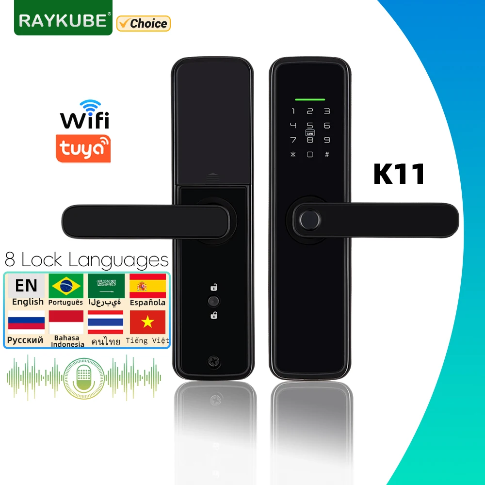 RAYKUBE K11 Tuya WiFi Biometrisches Fingerabdruckschloss Digitales elektrisches Türschloss mit 8 Sperrsprachen Passwort/Schlüssel/Karte/APP-Entsperrung Image