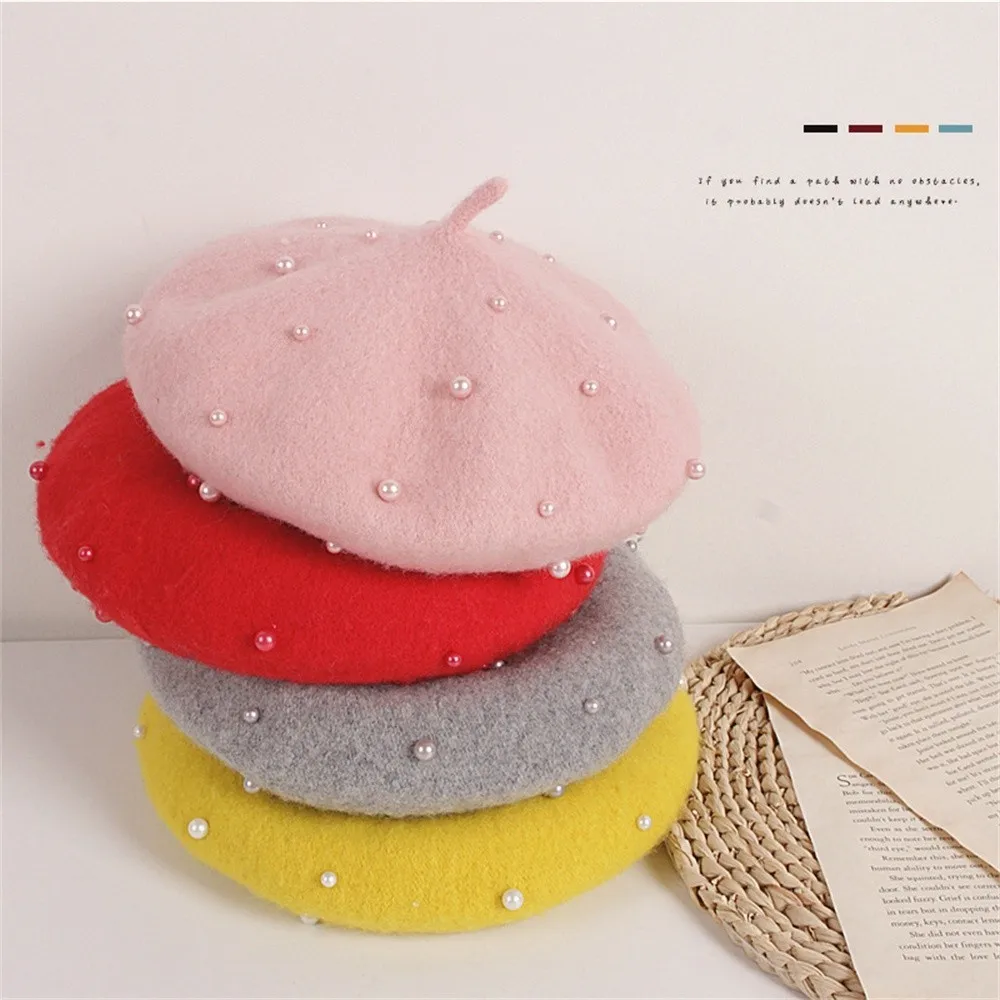 Mode Vintage Perle Hüte Mädchen Elegante Berets Wolle Solide Kinder Caps Kinder Kaschmir Motorhaube Image
