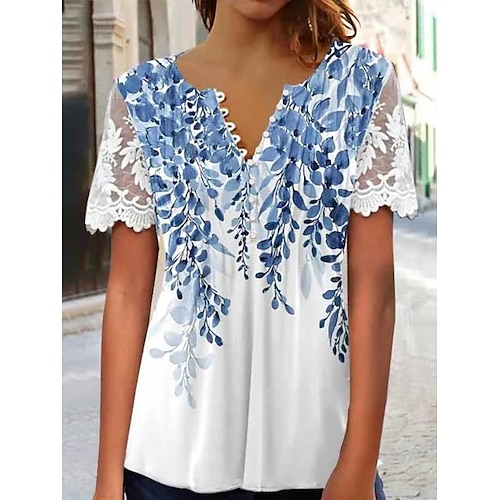 Damen Oberteil mit Spitzenspleiß Graphic Blumen Elegant Böhmen Modisch Kurzarm Flattrige Ärmel Rundhalsausschnitt Normale Oberteile Täglich Wochenende Urlaubskleidung Spitze Patchwork Bedruckt Wei
