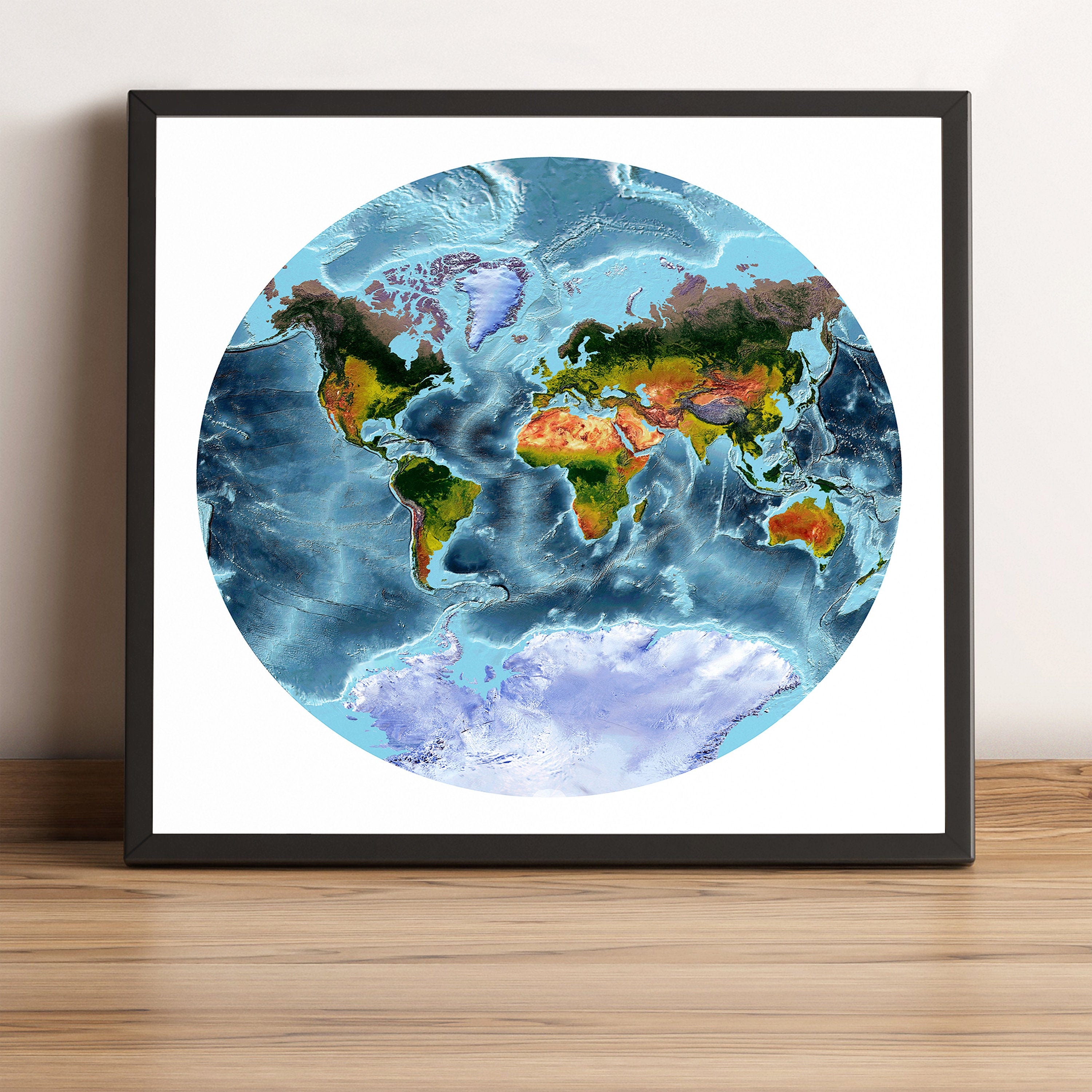 Mappa del mondo, proiezione di Van der Grinten, mappa del mondo vintage, mappa del mondo in rilievo, mappa del mondo stampata, mappa del mondo incorni
