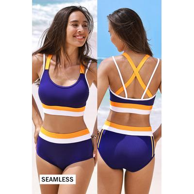 Sporty Crossback Seamless Colorblock Bralette Bikini Top & High-Waisted Bottoms