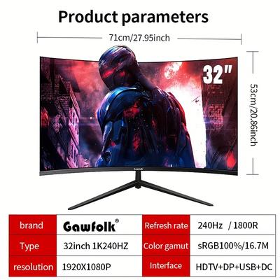TEMU Gawfolk 32 Inch Pc Screen, 1k , 1800r 1ms, Freesync, 100% Srgb, Hdtv2.1 Displayport, Wall Mount Compatible 75 * 75mm Wall - Black Image