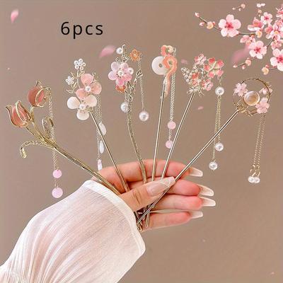 TEMU Elegant Traditional Chinese Hairpins: 3/4/6 Pcs Set For Women, Suitable 14 And Above, Alloy Material, A Touch To Image