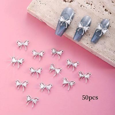 TEMU A Set Of 50 Delicate Bow Nail Decorations - Featuring Golden Bows With Water Diamonds, Suitable For Diy Nail Art