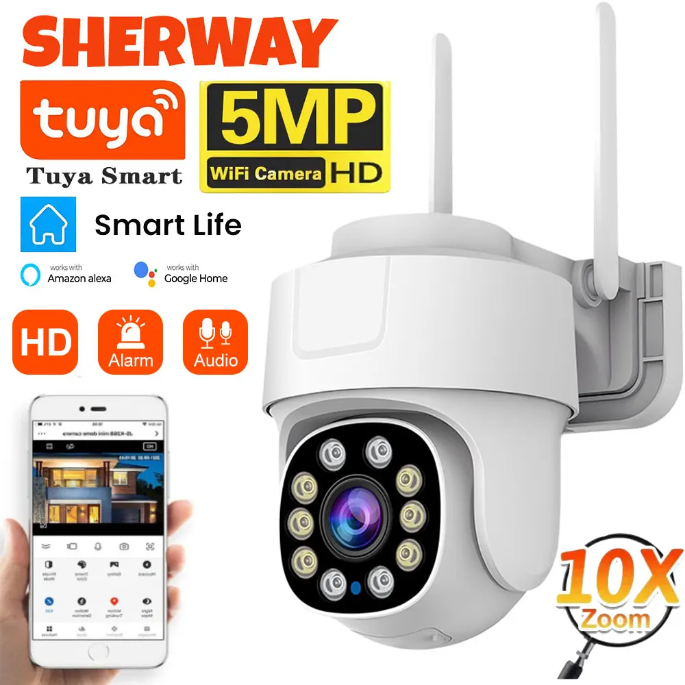 Tuya Wifi PTZ Telecamera Esterna Zoom 10X Telecamera IP di Sicurezza 5MP Visione Notturna a Colori Audio di Sorveglianza Rilevazione del Movimento Umano