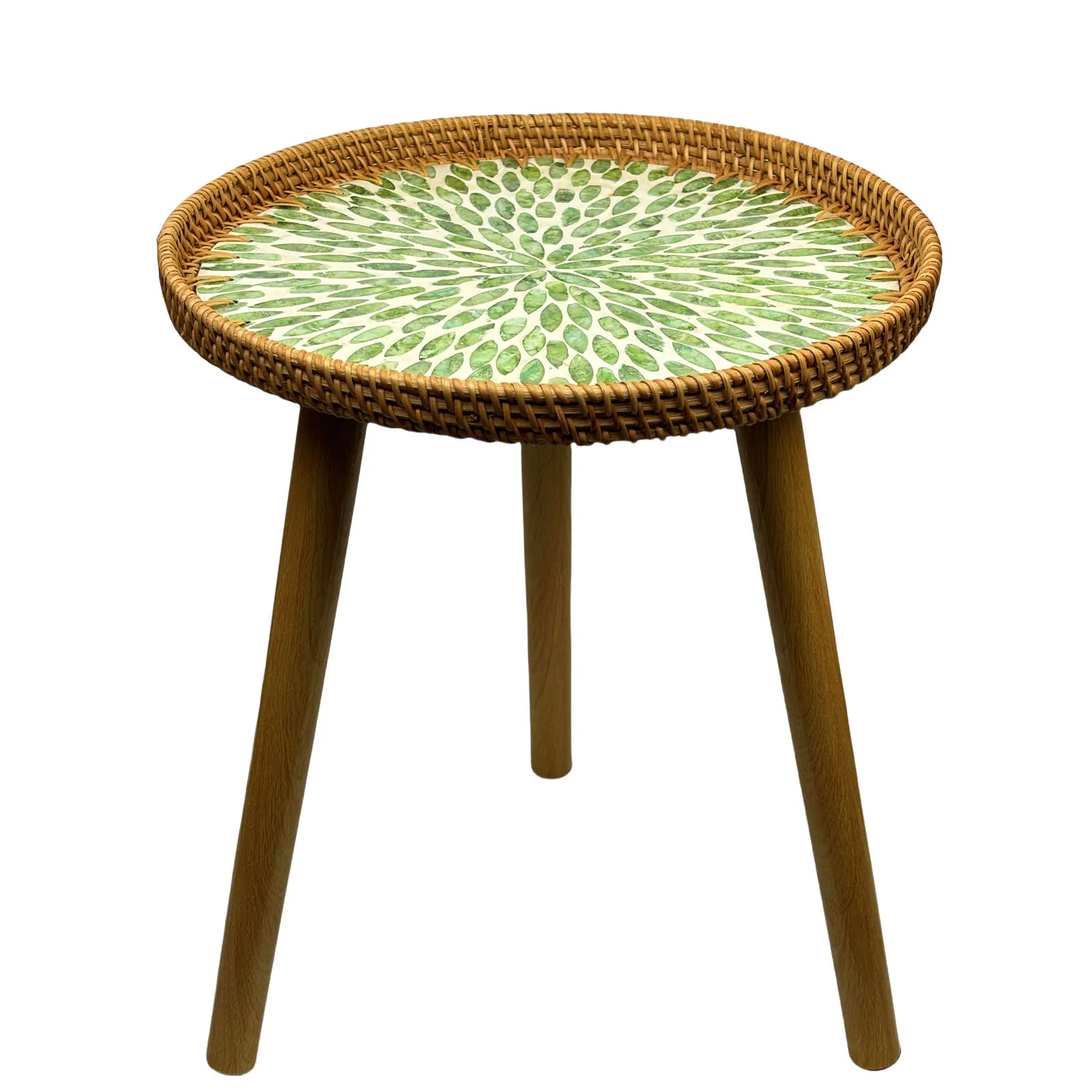 Runder Beistelltisch aus Rattan, Boho-Beistelltisch für Wohnzimmer mit Perlmutt-Inlay, kleiner Couchtisch, Nachttisch aus Korbgeflecht Image