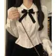 Camicie con fiocco bianco dolce Wome Preppy Kawaii Camicette patchwork in pizzo Donna Lolita Colletto alla Peter Pan Manica lunga Crop Top Mujer Y2k