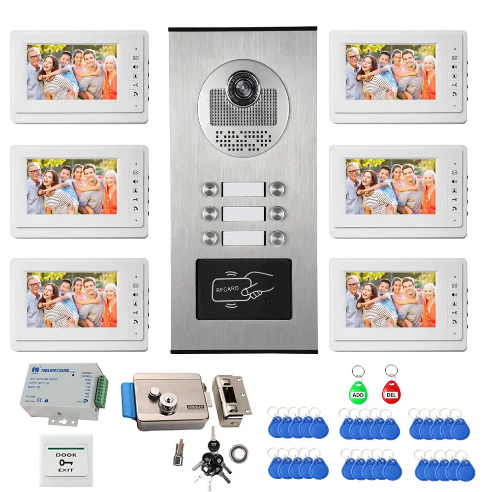 7-Zoll-Farb-Kamera-Video-Türsprechanlage-Set Türklingel-Gegensprechanlage RFID-Zugangskontrolle zum Entsperren für 2/3/4/6 Einheiten Mehrfamilienhäuser Image