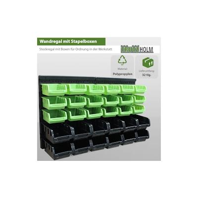 Baumarktplus 32tlg Stapelboxen mit Wandregal Set für Werkstatt Lager Schraubenbox Schütten zum Beschriften Image