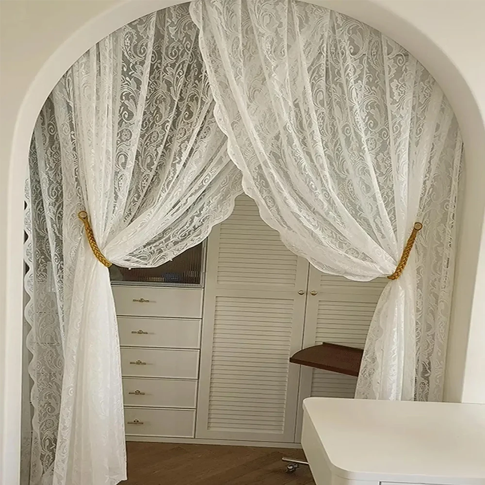 Rideaux en dentelle de style européen, voilages blancs tricotés, rideaux de porte champêtres et frais pour salon, chambre et baies vitrées, prêts à poser