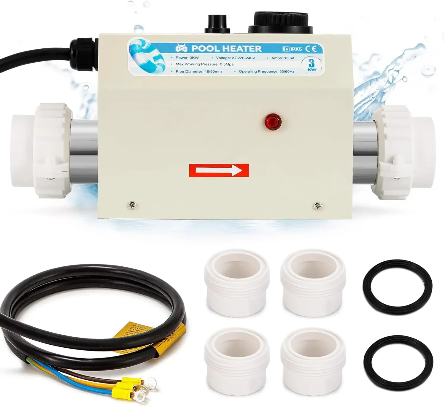 3KW 220V Poolheizung, elektrische Schwimmbad-Wasserheizung, Whirlpool-Thermostat mit einstellbarer Temperaturregelung für Pool, Spa, Badewanne