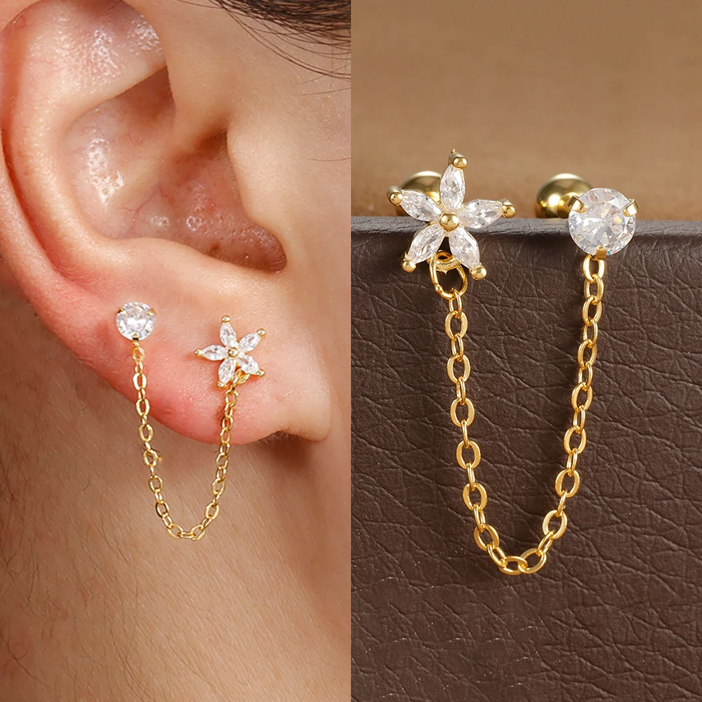 1PC Edelstahl Doppel Loch Link Kette Quadrat Ohr Stud Ohrringe für Frauen Gold Farbe Blume Knorpel Piercing Schmuck Image