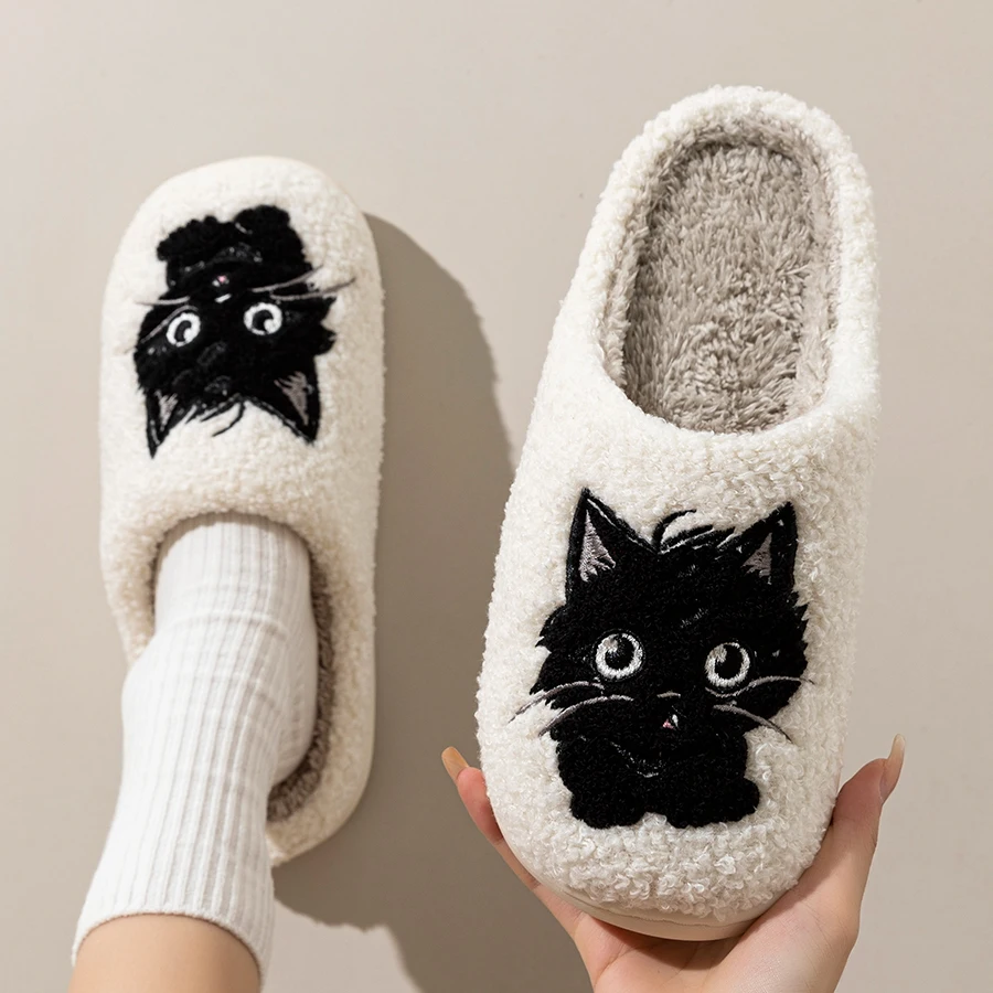 Winter Plüsch Weiche Sohle Nette Schwarze Katze Hause Hausschuhe Frauen Indoor Stumm Warme Exquisite Schlafzimmer Baumwolle Schuhe für Geschenk Paar Image