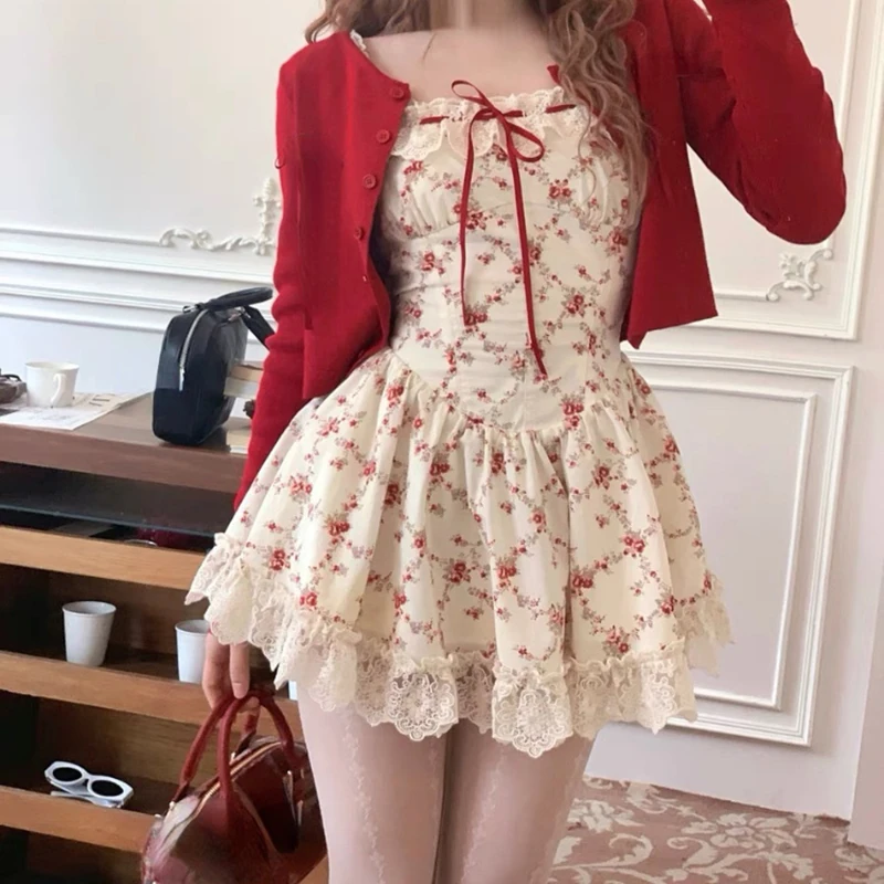 Y2K Süße Blumen Kleid Set Frau Casual Rote Kurze Strickjacke Elegante Spitze Mini Kleid Weiblichen Koreanischen Prairie Chic Kleidung Anzug