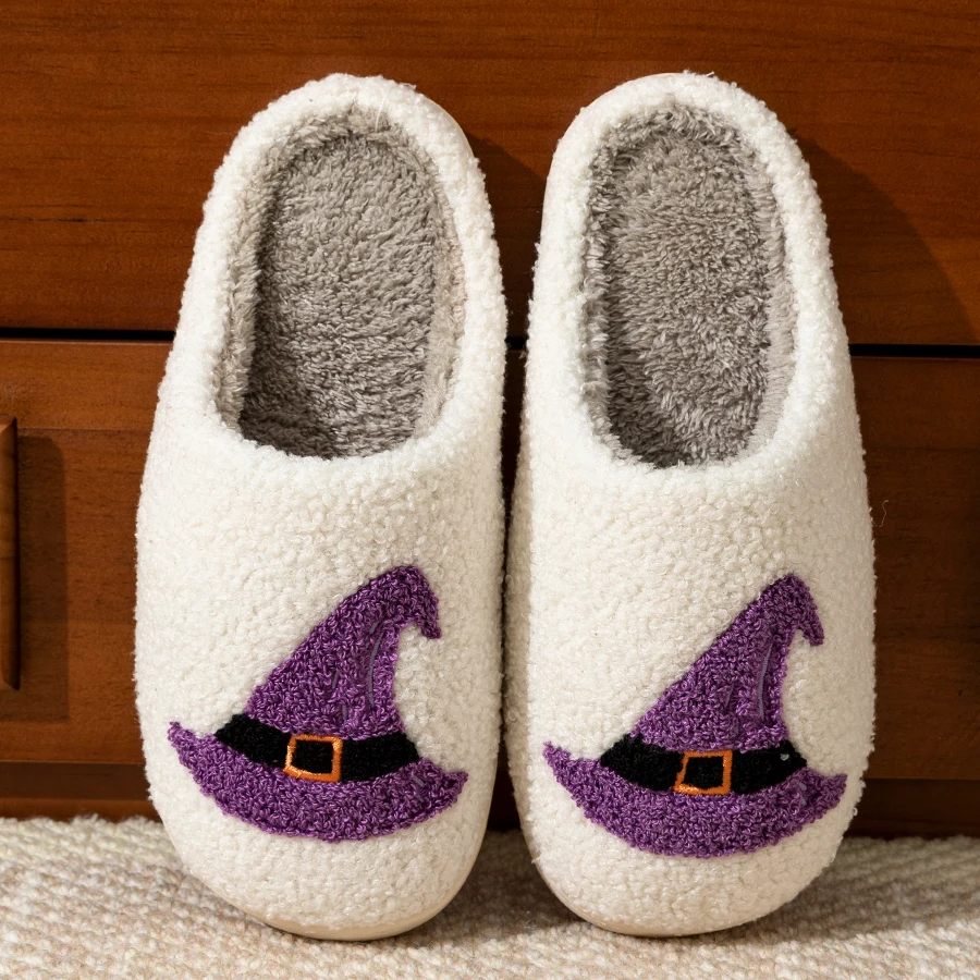 Elegante lila Hexen hut Halloween Geschenk Frauen Hausschuhe Innen warm atmungsaktiv rutsch feste weiche Sohle Rutschen Männer Boden flache Schuhe