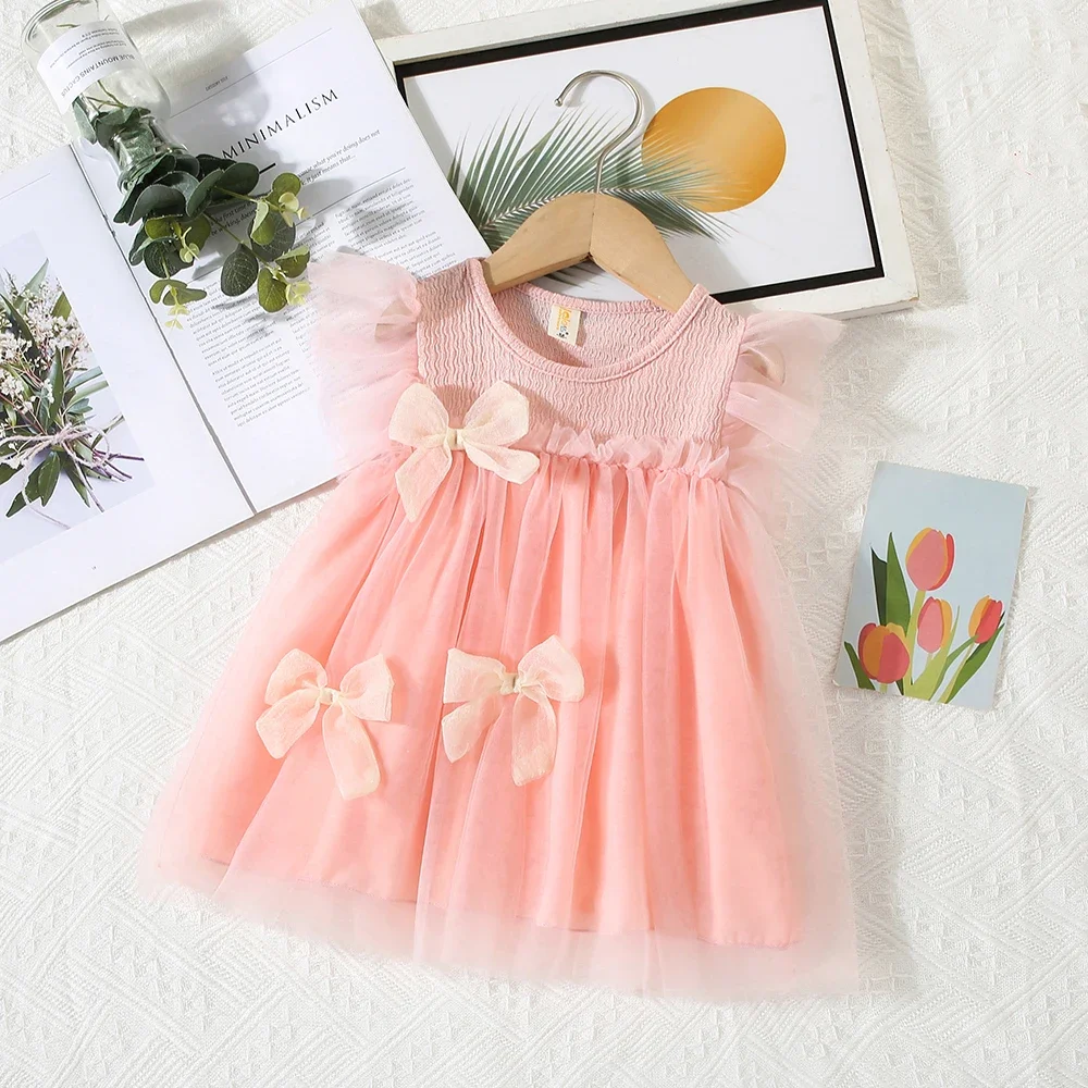 Sommer Neue Mädchen Baby Kleid Süße Prinzessin Kleid Kleine Fliegende Ärmel Einfarbig Bogen Band Mesh Kleid Image