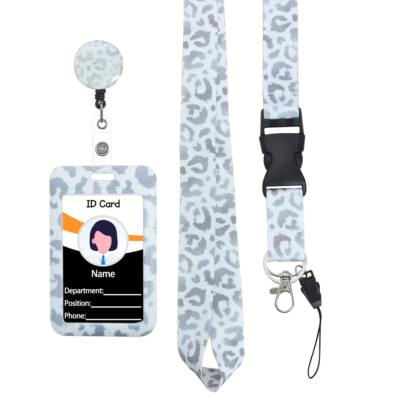 Schwarz-weißes Leoparden-Telefon-Lehrer-Lanyard, Ausweis, Kartenhalter, Abzeichenrolle, Umhängeband für Schlüssel, Schlüsselanhänger, Kreditkarten-Schlüsselanhänger Image