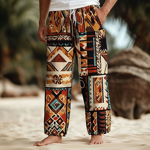 Herren Patchwork Hose Freizeithose Kordelzug Elastischer Bund Hawaiianisch Ethnisch Vintage-Retro Outdoor Urlaub Ferien Seitentaschen Gerade Hosen Sommer Frühling Herbst 3D-Druck Schwarz Image