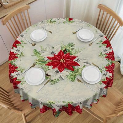 TEMU Christmas Floral Round Tablecloth With Digital Printing, A Modern And Made Of Polyester, Suitable For Kitchen, Picnic, And Camping Table Decorations. Image