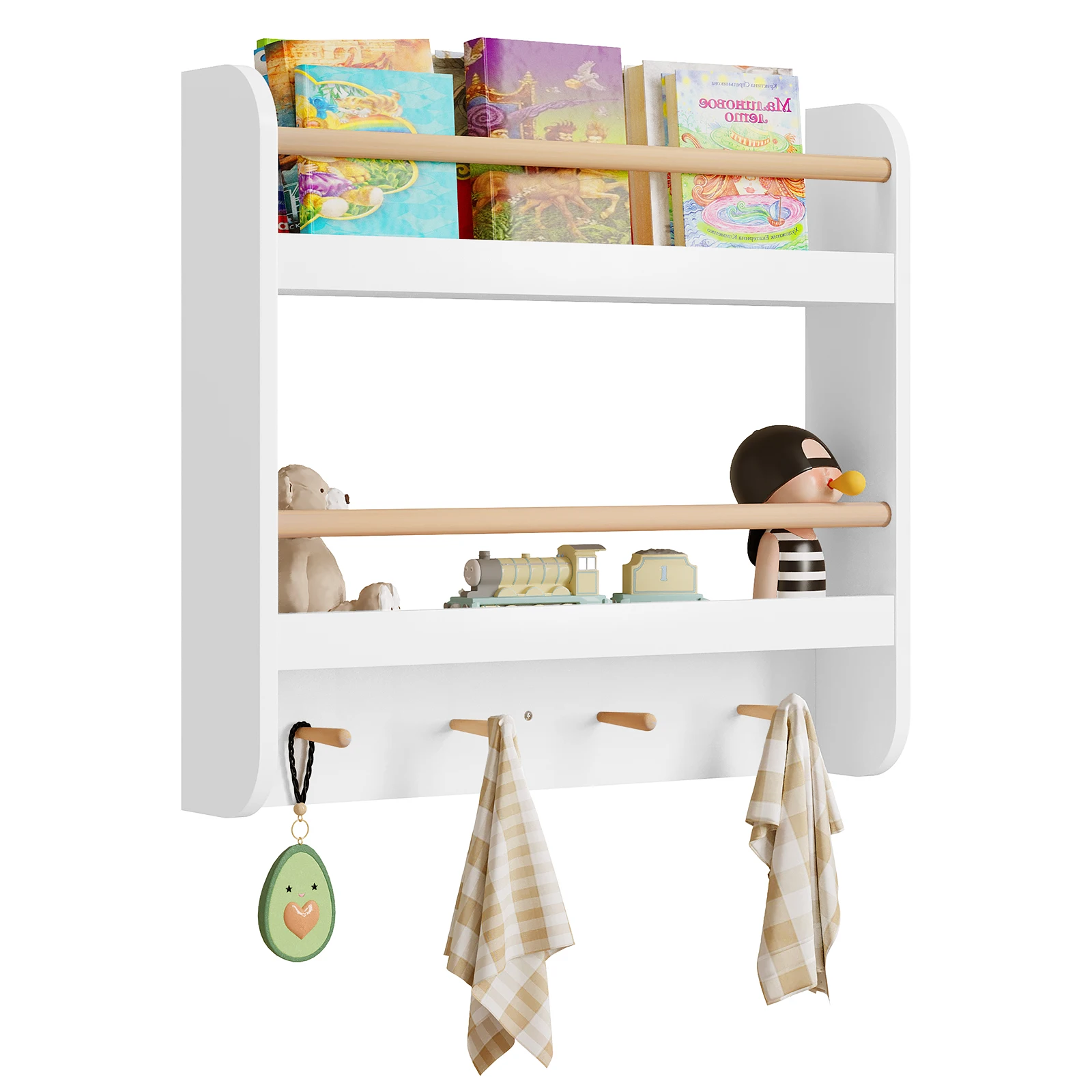 WOLTU Scaffale per bambini Scaffale da parete per bambini 60x12x55 cm Scaffale per giocattoli Libreria per bambini con 2 ripiani 4 ganci per la scuola materna