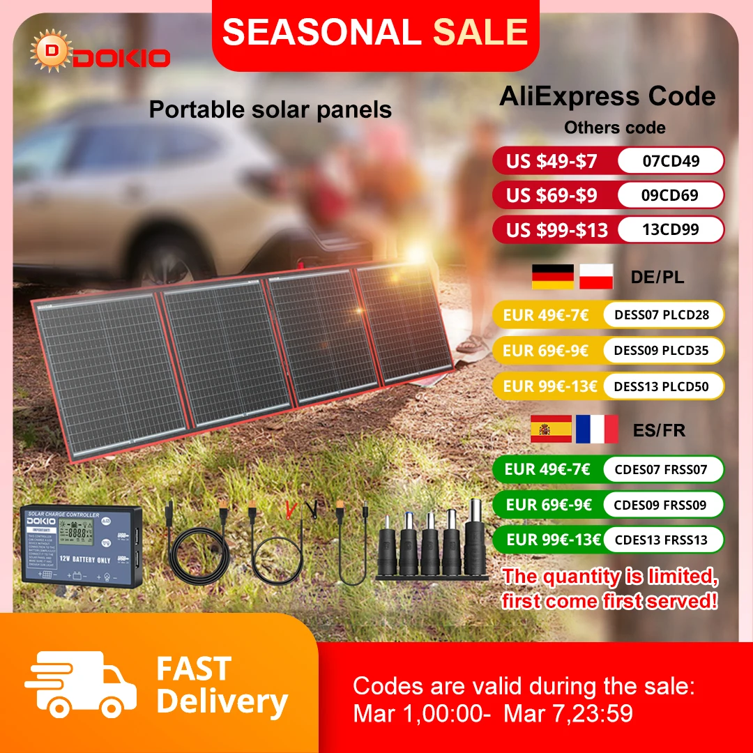 Dokio 100/160/200/300 W tragbares, flexibles, faltbares 18-V-Solarpanel mit 12-V-Controller-Kit zum Aufladen von Camping-Batterien Image