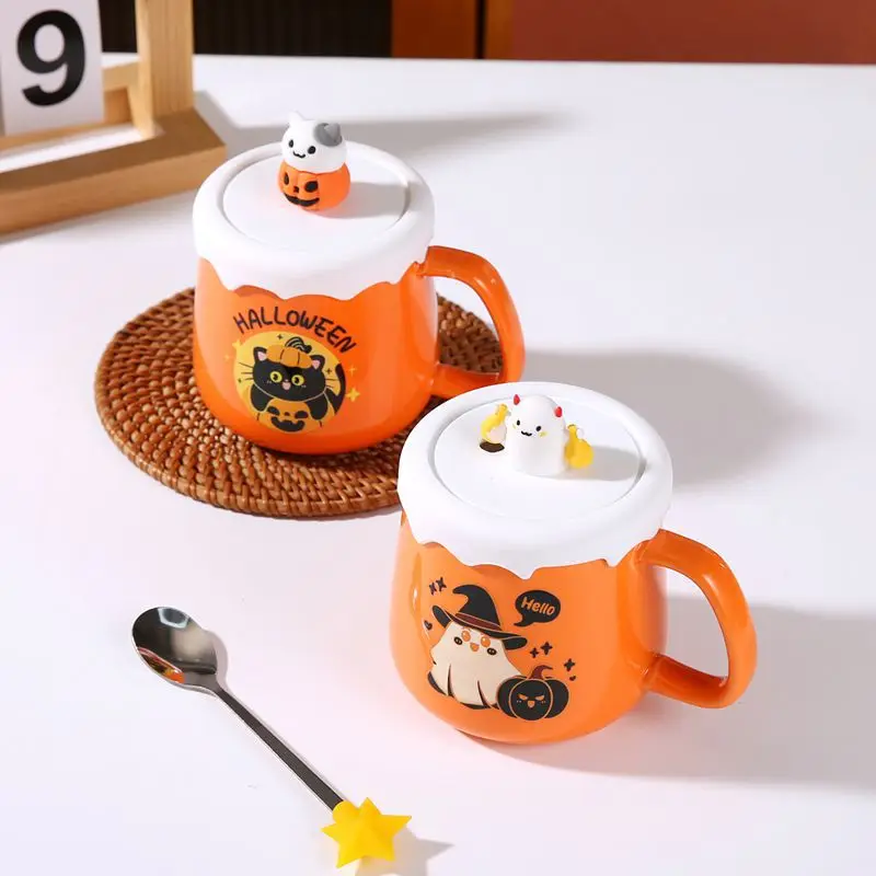 Neue Halloween Keramik becher mit Deckel Löffel Geschenk Kaffeetasse Set Keramik becher mit Deckel niedliche Hexe Katze Form Mädchen Geburtstags geschenk Image