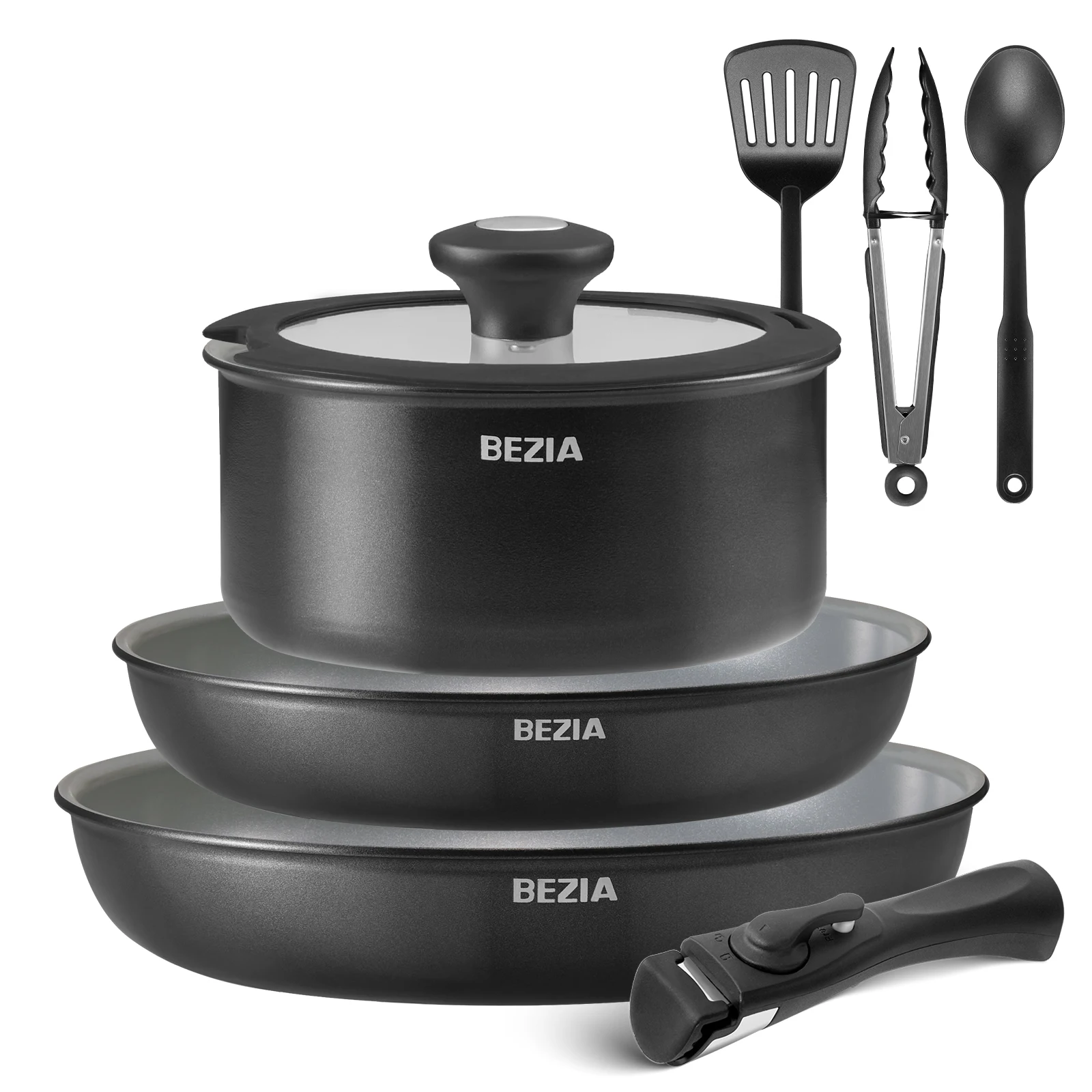 Pfannenset mit abnehmbarem Griff, Pfannen mit Keramik-Antihaftbeschichtung, Induktionspfannenset mit Küchenutensilien, für alle Herdarten Image