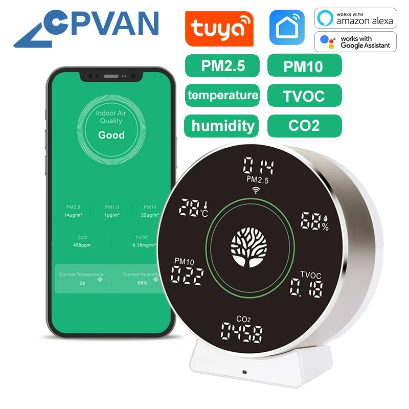 CPVAN Wireless WIFI Tuya 6-in-1-Luftqualitätsmonitor PM2,5 & PM10 & TVOC & CO2 & Temperatur & Luftfeuchtigkeitsanzeige Luftqualitätsdetektor Image