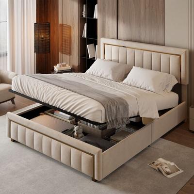 Bett mit Stauraum 140x200cm, mit hydraulischem Stauraum, mit goldenen Verzierungen, Lattenrost, Image