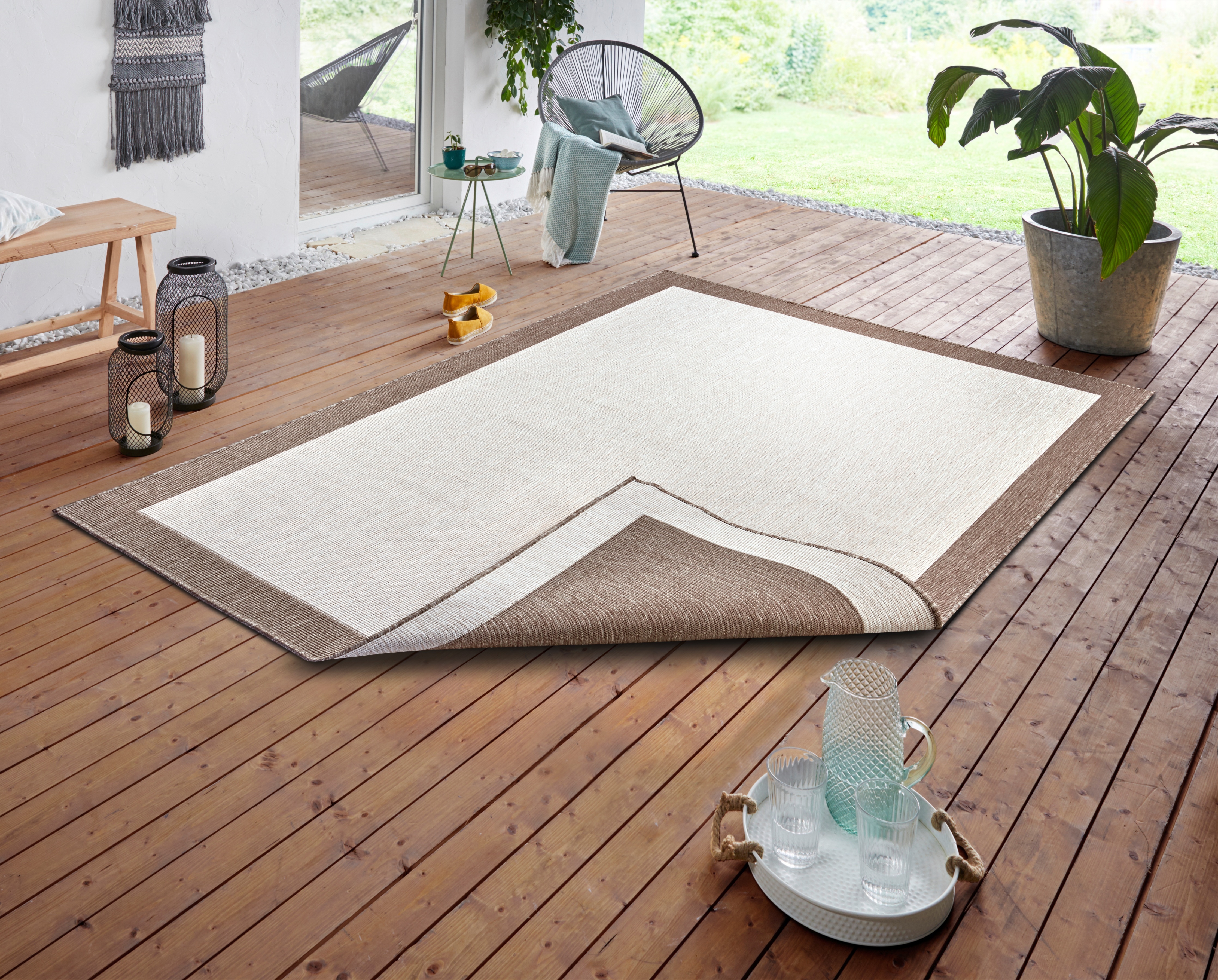 Teppich HANSE HOME "Panama Wendeteppich", weiß (linen weiß), B:120cm H:5mm L:170cm, Kunstfaser, Teppiche, In-& Outdoor, Wetterfest, Balkon, Läufer, Wohnzimmer, Wasserfest Image