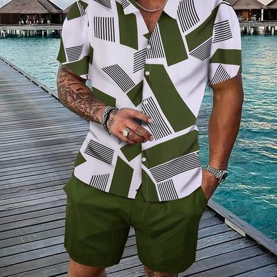 TEMU Men's Geometric Pattern Print Collar Short Sleeve Shirt And Solid Color Shorts Casual Two-piece Set Image