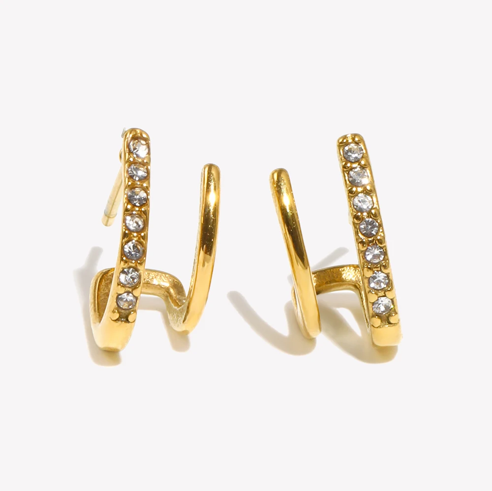Boucles d'oreilles Huggie creuses Double couche pavées de cristal pour dames, petites boucles d'oreilles à clous en acier inoxydable plaqué or, nouvelle collection 2025