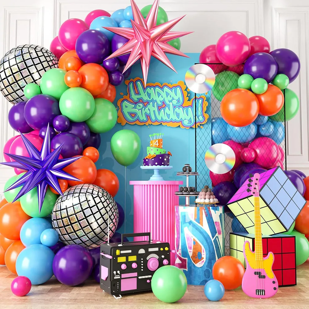 80er-Jahre-Ballonbogen, 104-teilige Ballongirlande im Retro-Stil, rosa, blau, grün, lila, orange, Ballon mit Disco-Kugel, Explosionsstern, Aluminiumfolienballon, geeignet für Image