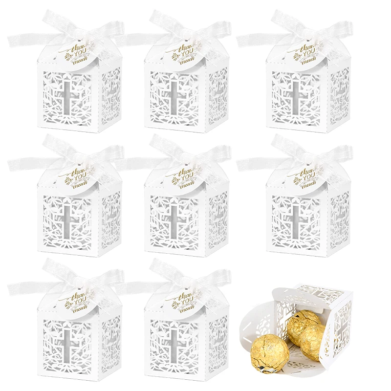 10/20pcs weißes Kreuz Candy Box laser geschnittene Hochzeit Candy Geschenk box für Hochzeits bevorzugung Geburtstags feier Braut dusche mit Band Image